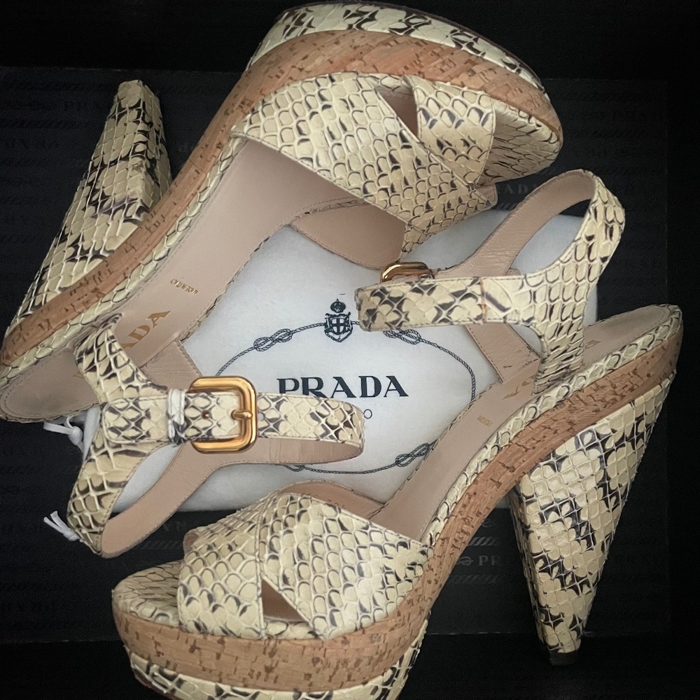 Prada Whips Lucida Snakeskin Wedge Heels